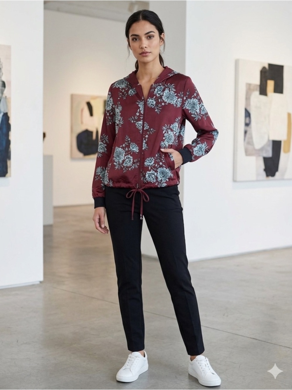 Massini Burgundy Floral Hooded Jacket with Front Zipper